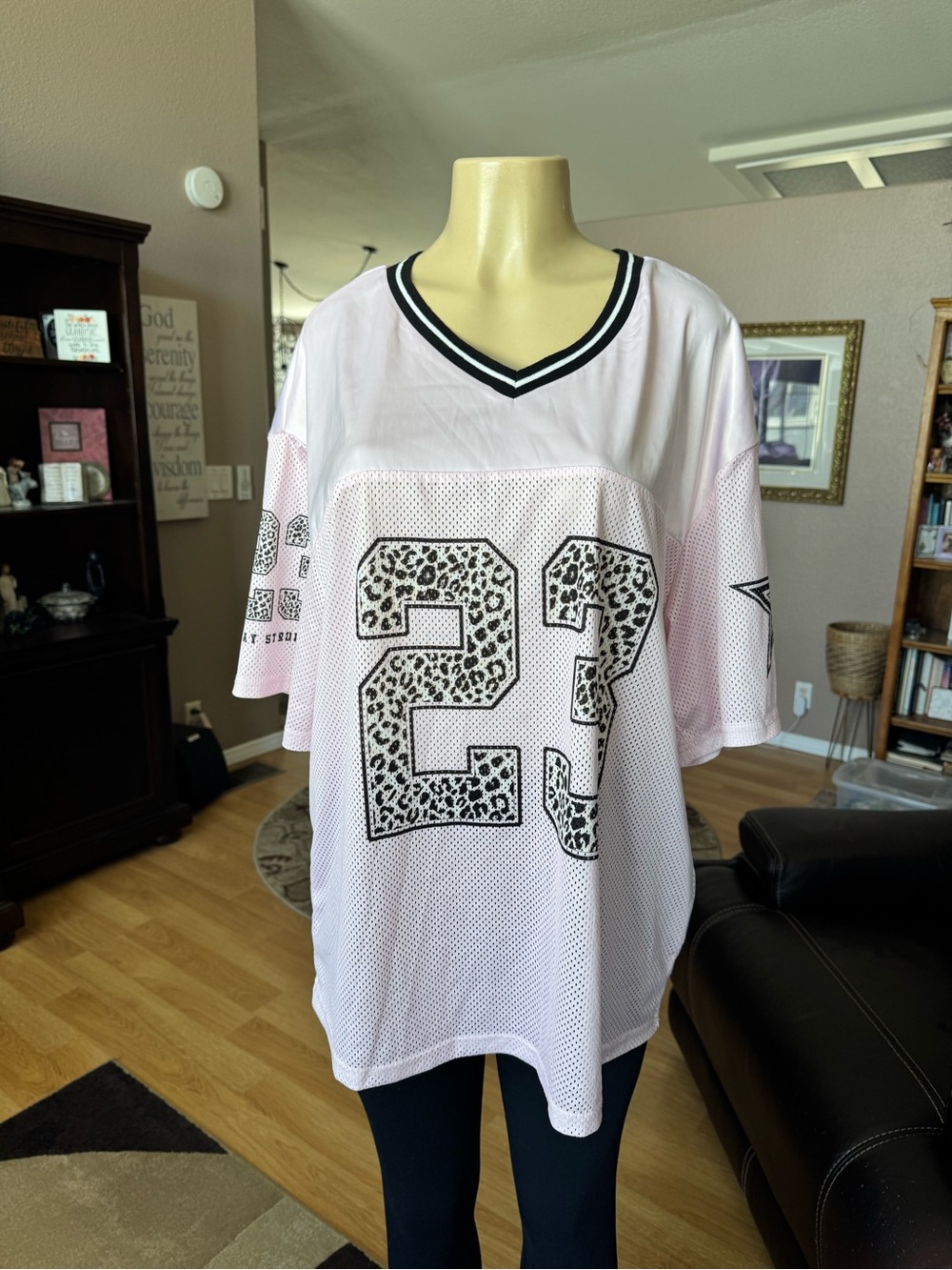 SHEIN Light Pink Mesh Jersey with Leopard Print '23 and Black Trim-size L